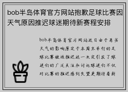 bob半岛体育官方网站抱歉足球比赛因天气原因推迟球迷期待新赛程安排
