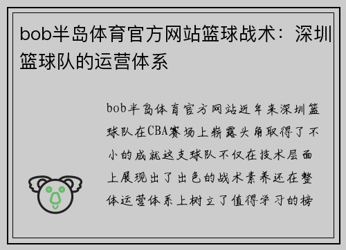 bob半岛体育官方网站篮球战术：深圳篮球队的运营体系